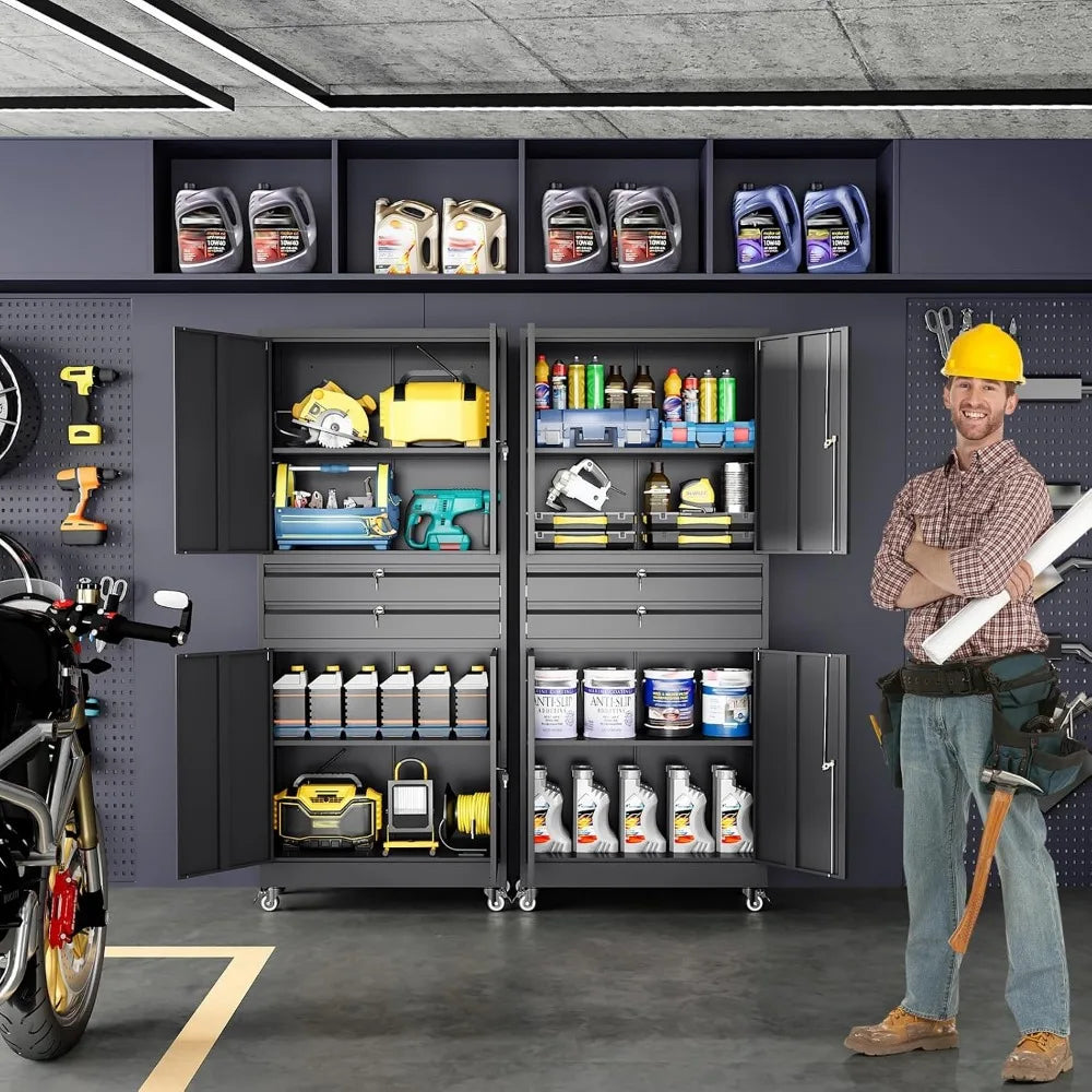 Metal Garage Storage Cabinet with Locking Doors and Adjustable Shelves, Rolling Tool Storage Cabinet with 4 Wheels and 2 Drawer