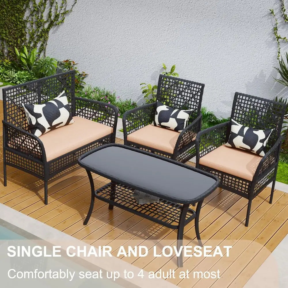4-Piece Outdoor Patio Furniture Set with PE Rattan Chairs, Tempered Glass Table, and Cushions for Backyard, Poolside, Lawn (Khak