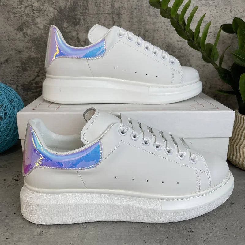 Platform White Sneakers for Women - Leather Chunky Sole Shoes, Spring Casual Fashion Sneaker, Elevator Shoes Comfortable Daily