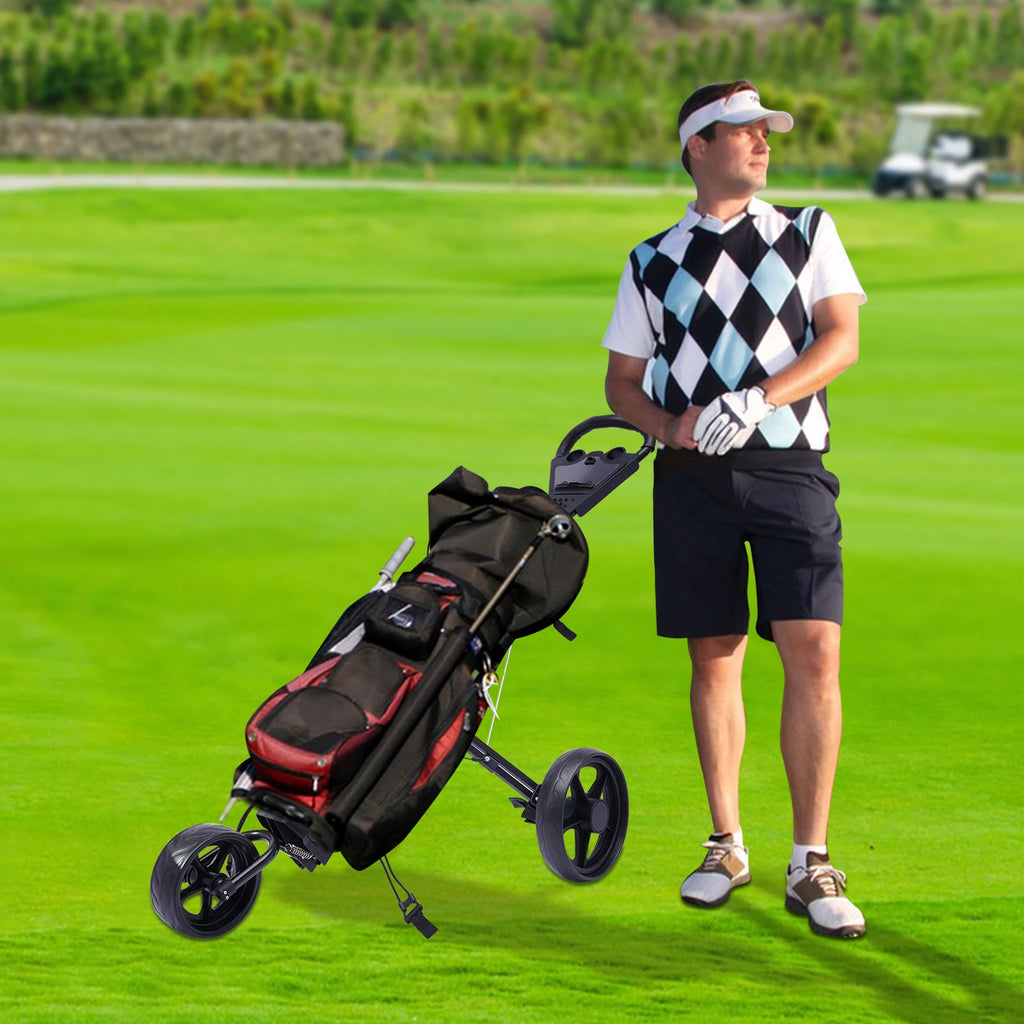 Golf Push Cart Ball Storage Rack 3 Wheel Foldable/Collapsible Golf Push Cart with Foot Brake Open and Close in ONE