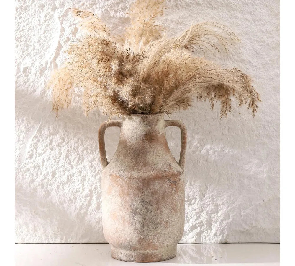 11 Inch Handcrafted Ceramic Flower Vase with Handles, Rustic Farmhouse Centerpiece for Home Decor Living Room Table