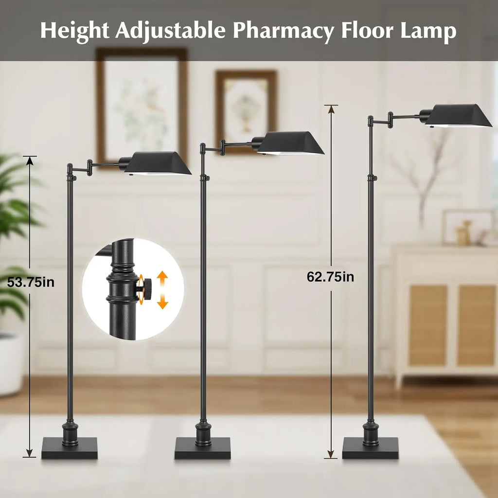 Traditional Adjustable Pharmacy Floor Lamp, 350° Swing Arm, 3-Tone LED Standing Lamp with Metal Shade, Black – for Living Room,