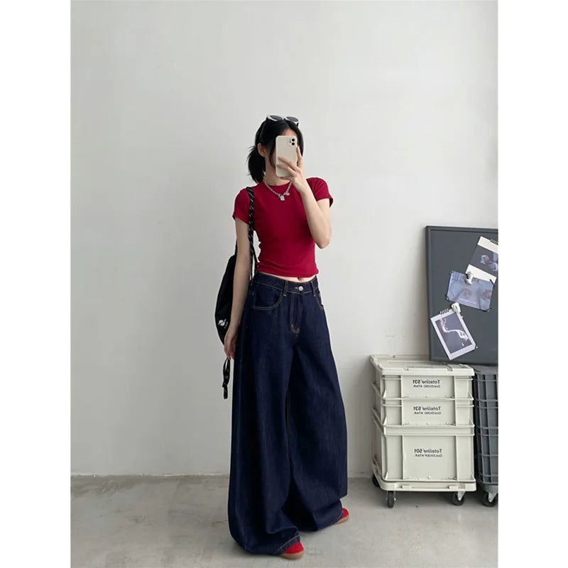 Blue Womens Jeans High Waist Vintage Straight Summer Y2K Classic Denim Pants Streetwear American Wide Leg Baggy Denim Trouser
