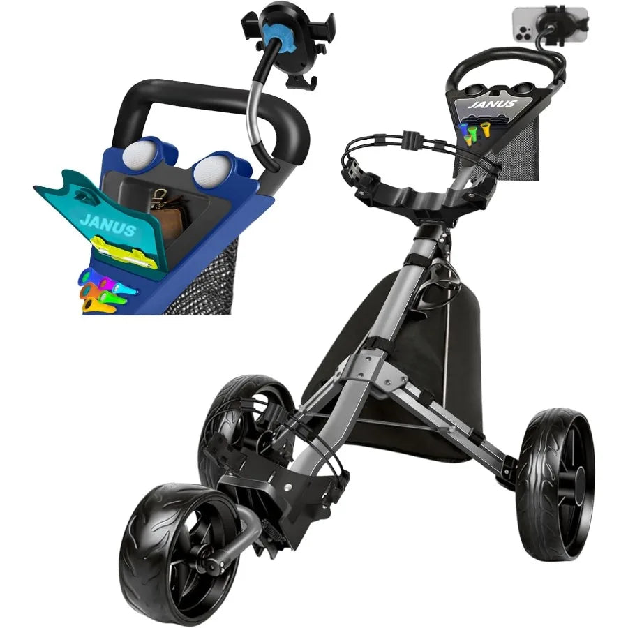 Golf Push Cart 3 Wheel Foldable with One-Click Folding Compact Golf Bag Cart Wide EVA Wheels Foot Brake Elastic Wing Stra