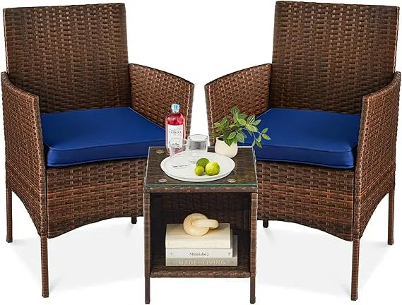3-Piece Outdoor Wicker Conversation Bistro Set, Space Saving Patio Furniture for Garden w/Side Table - Gray/Navy
