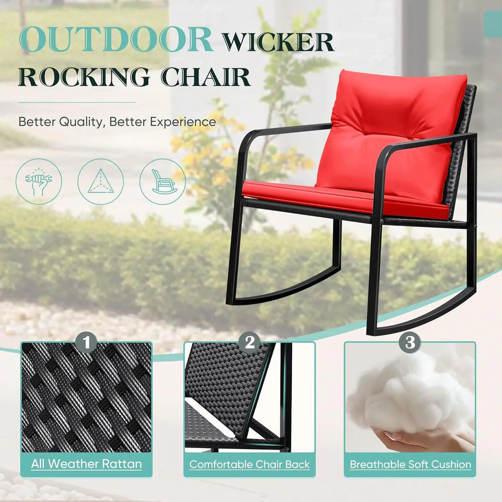 3-Piece Rocking Wicker Bistro Set with Chairs & Glass Table, Red Outdoor Patio Furniture