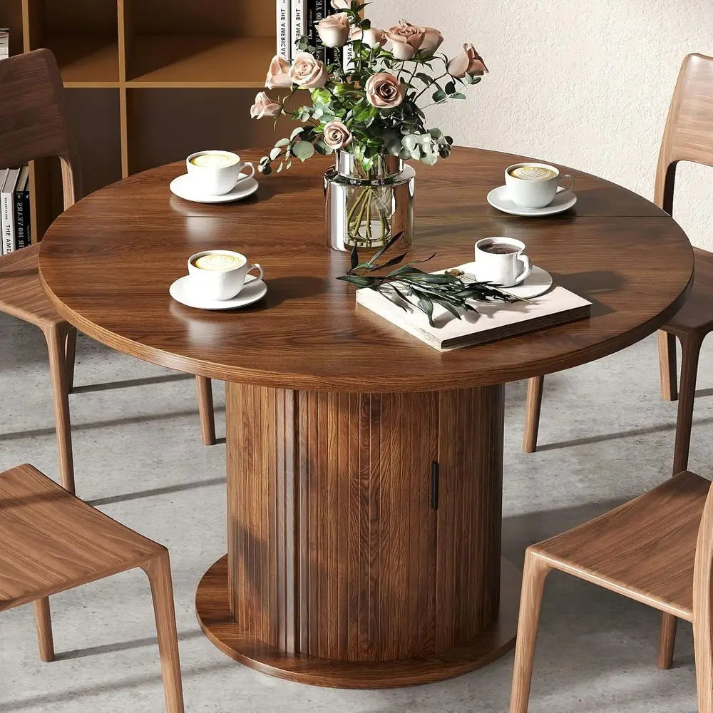 47 Circular Farmhouse Dining Table, Dark Brown, Seats 4-6, Storage Space, Suitable for Kitchen & Living Room