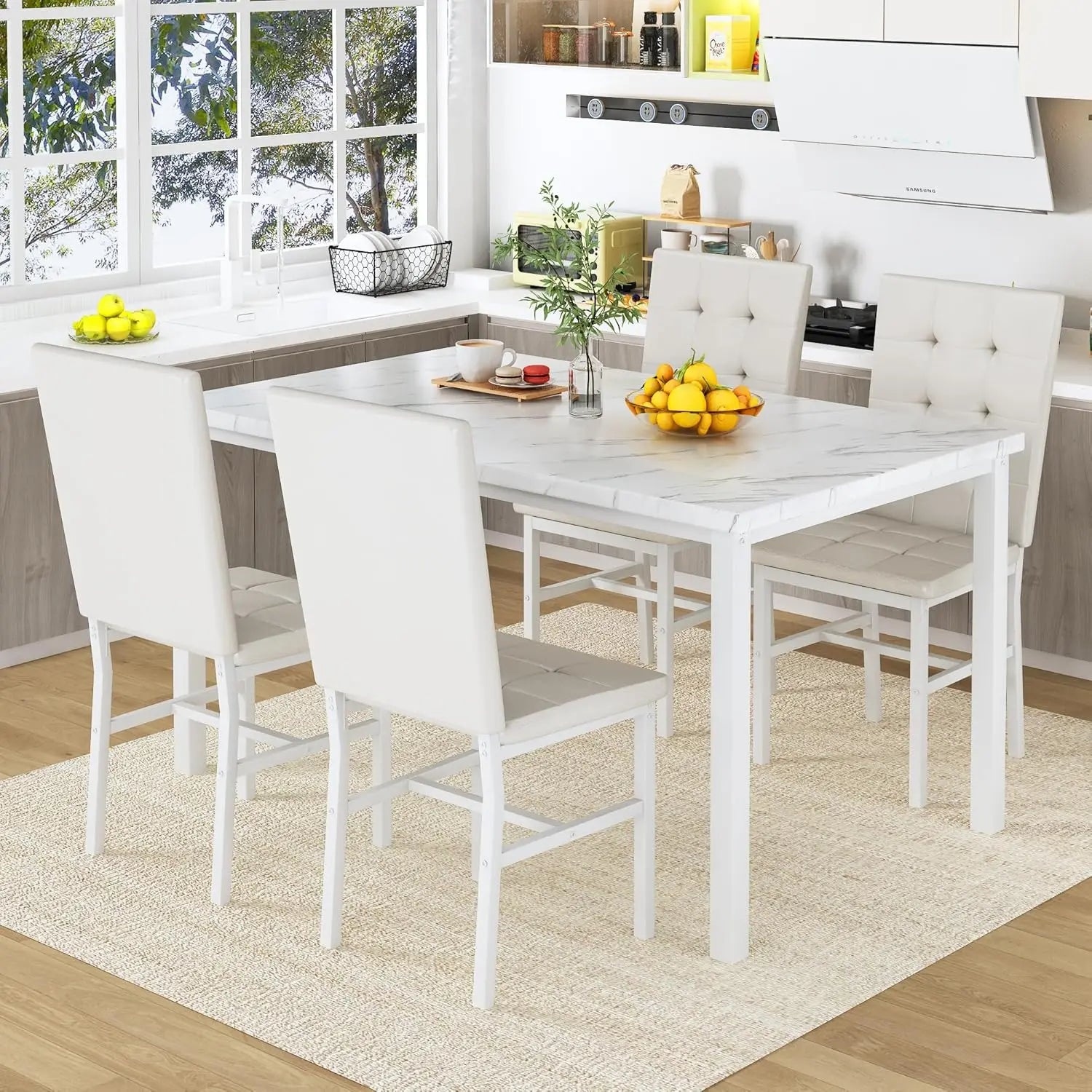Dining Table Set for 4, Faux Marble Kitchen Table with 4 Leather Chairs, Modern White Dinette Set for Small Spaces
