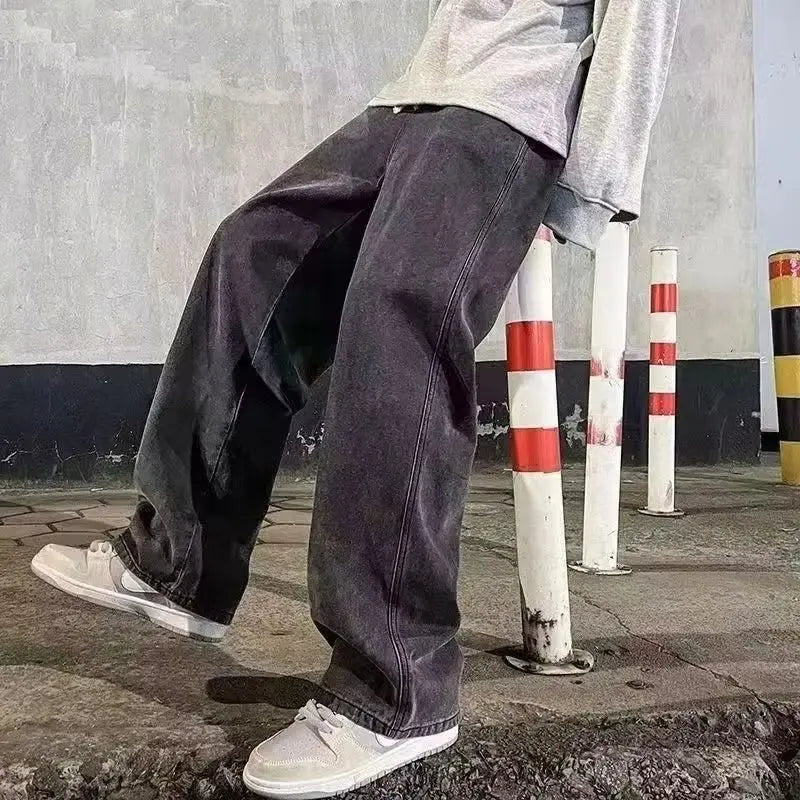 2023 New Streetwear Loose Jeans Men Korean Style Fashion Loose Straight Wide Leg Pants Men's Brand Clothing Black Light Blue
