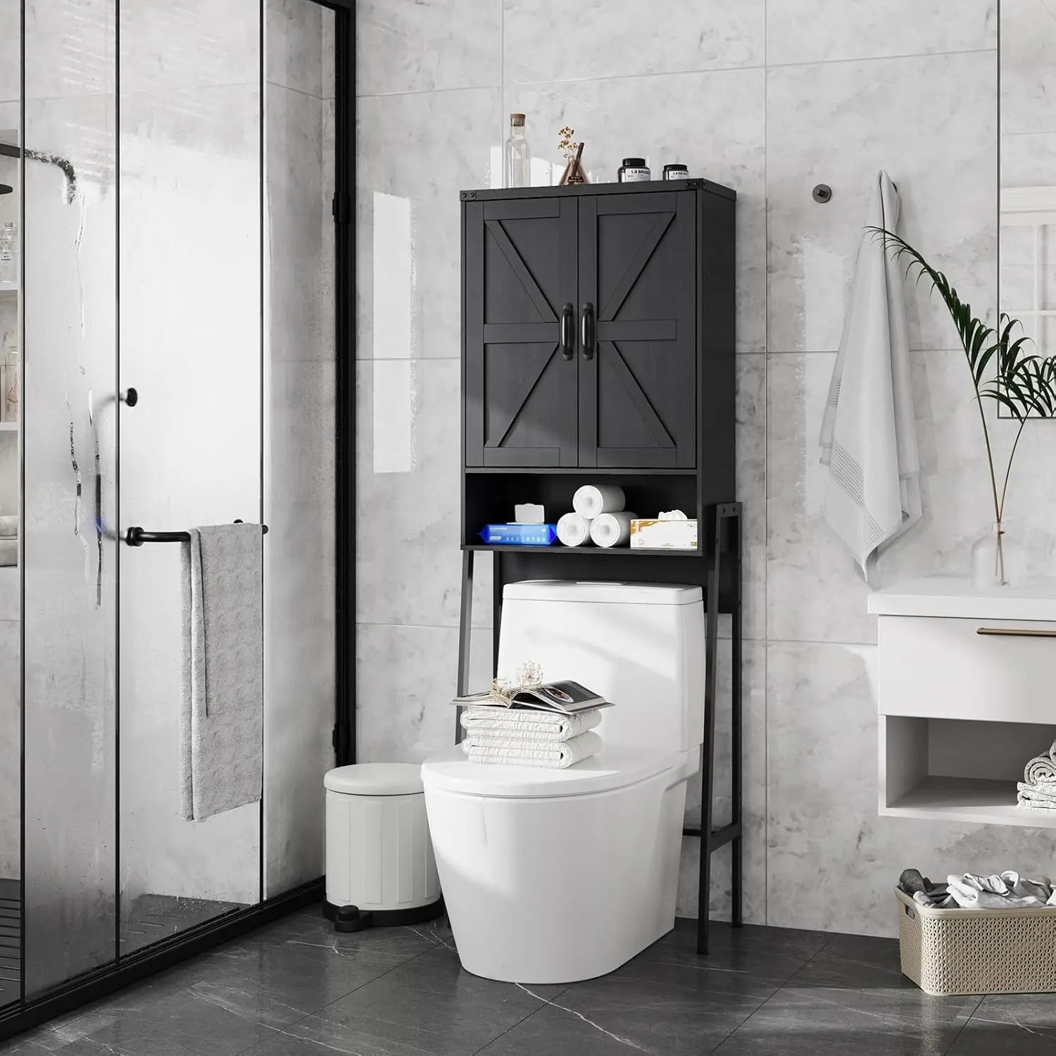 2-Door Over Toilet Storage Cabinet with Anti-Tip Device, Bathroom Organizer in Black for Tidy Spaces