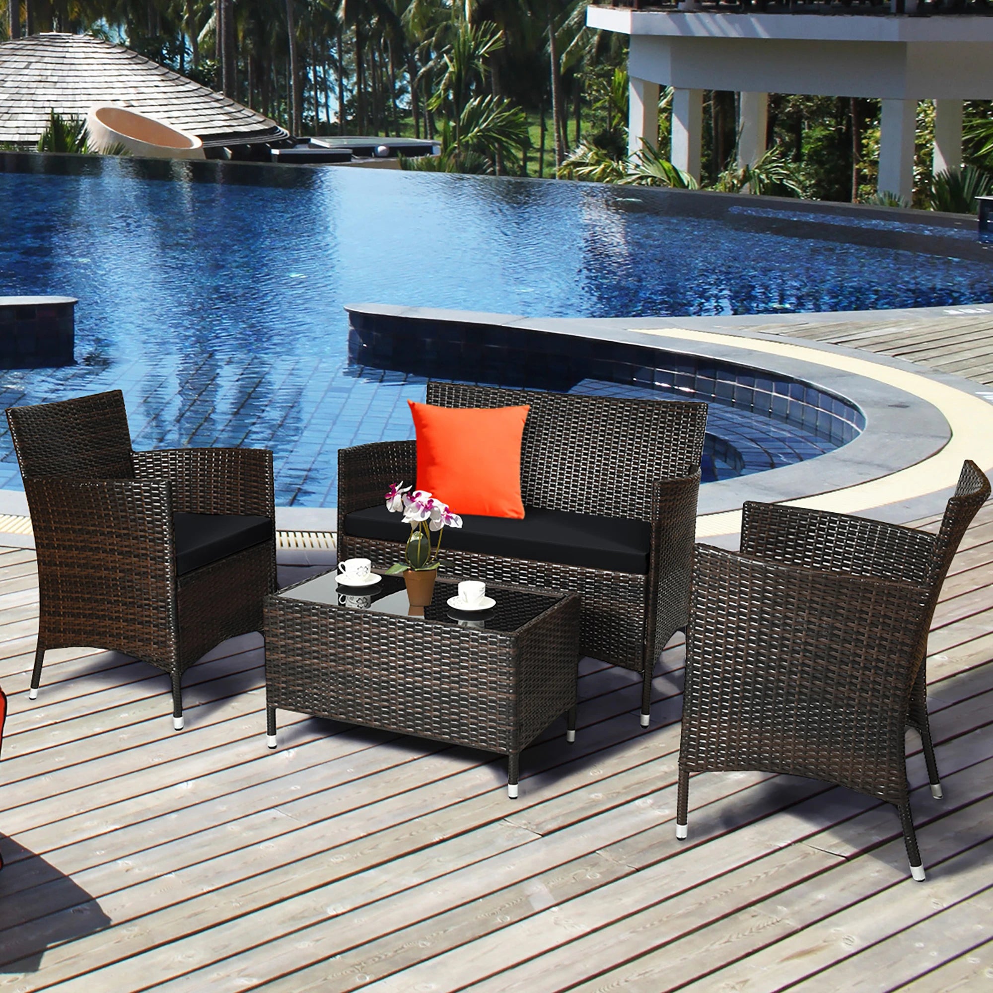 4PCS Rattan Patio Furniture Set Cushioned Sofa Chair Coffee Table Black