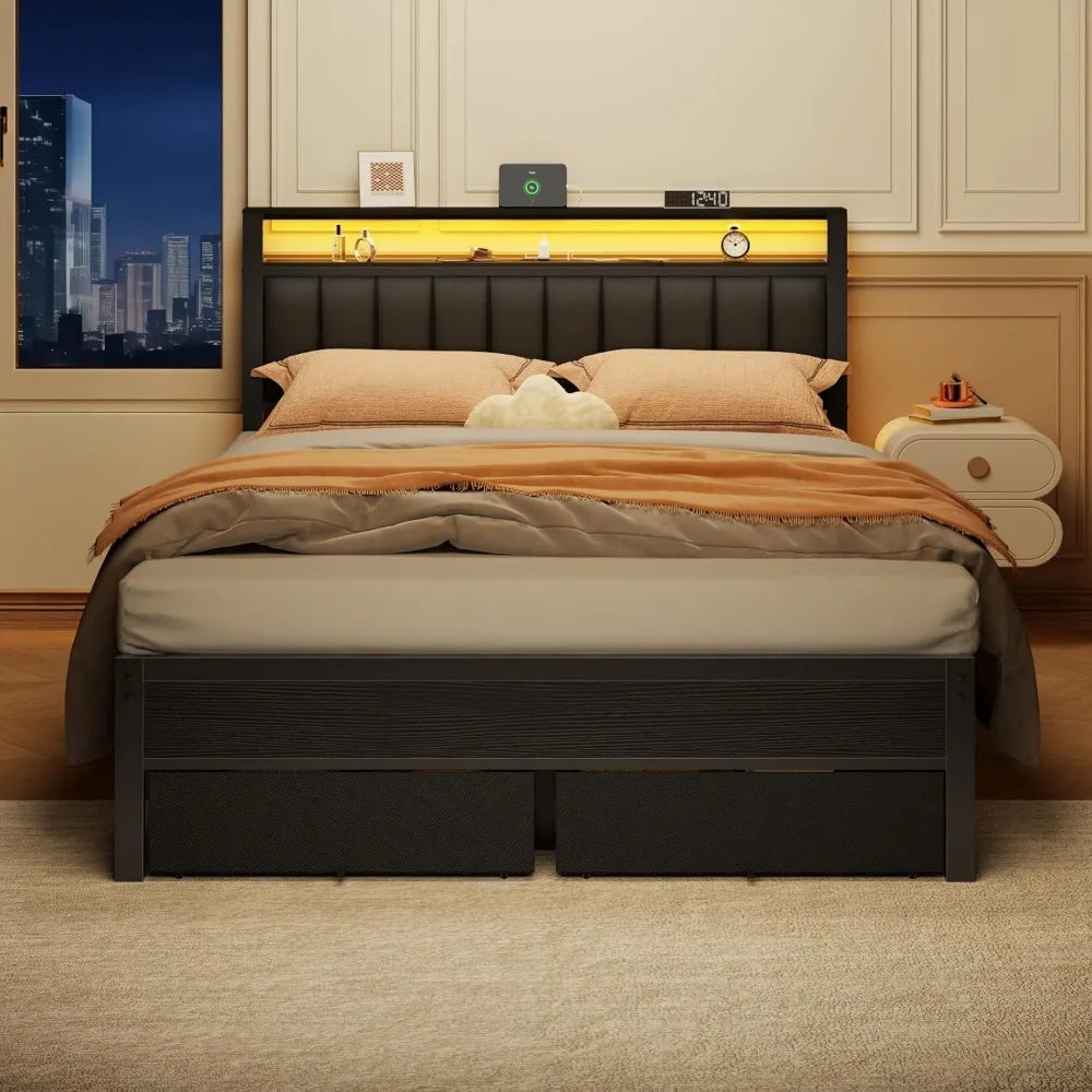 Furnulem Queen Bed Frame with Charging Station and LED Lights, Grey Upholstered Headboard with Shelves, Metal Platform Bed with