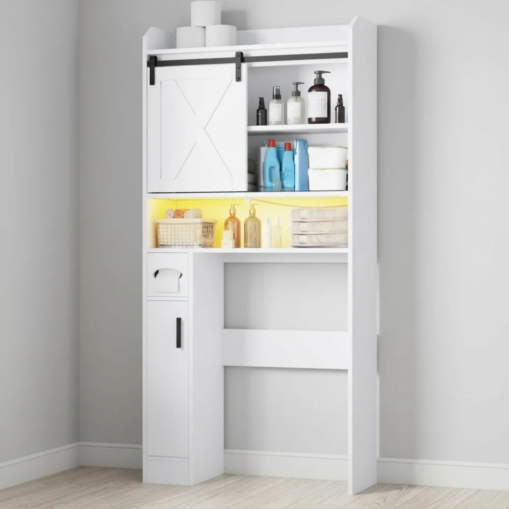 Motion Sensor Bathroom Cabinet with Sliding Barn Door, Adjustable Shelf & Toilet Paper Holder - Farmhouse Style