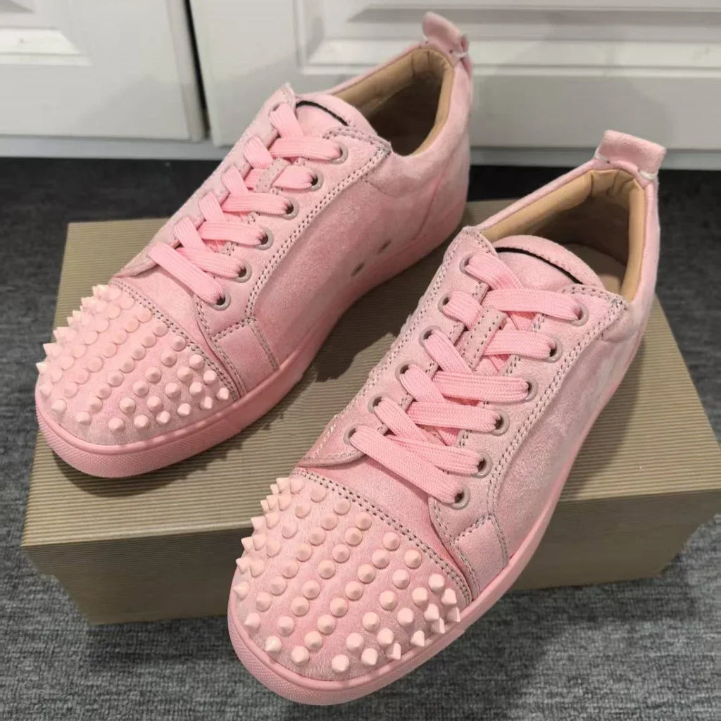 Pink Flannel Suede Leather Women'S Sports Shoes Rivets Lace-Up Sneakers Female Flat Red Sole Fashion Designer Zapatillas Girls