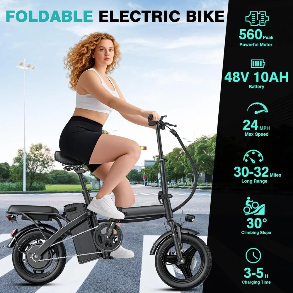 Electric Bike for Adults and Teens, 560W Motor 24MPH Compact Commuter Folding Ebike, 32 Miles Range, 48V 10Ah Battery, 3-Level