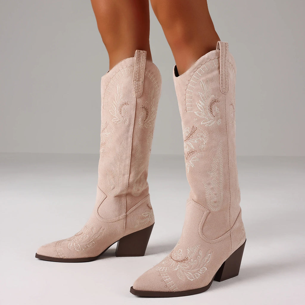 GIGIFOX Knee-High Boots Cowboy Boots For Women Western Cowgirl Boots Outdoor Mid Calf Snip Toe Boot With Chunky Heel Dress Wear