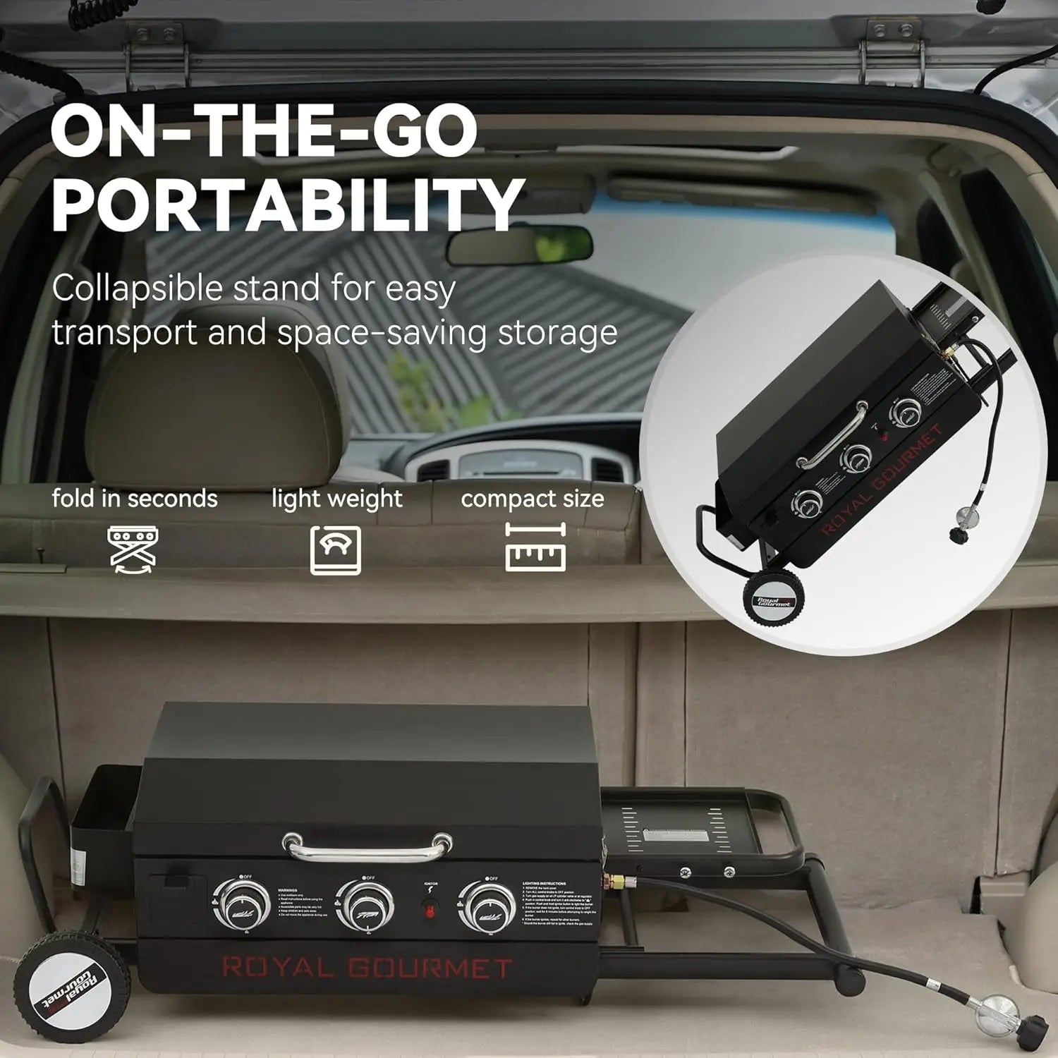 PD3001 3-Burner Propane Gas Griddle with Collapsible Stand, 23-Inch Portable Griddle with Side Table & 314 Sq. In. Cooking Area
