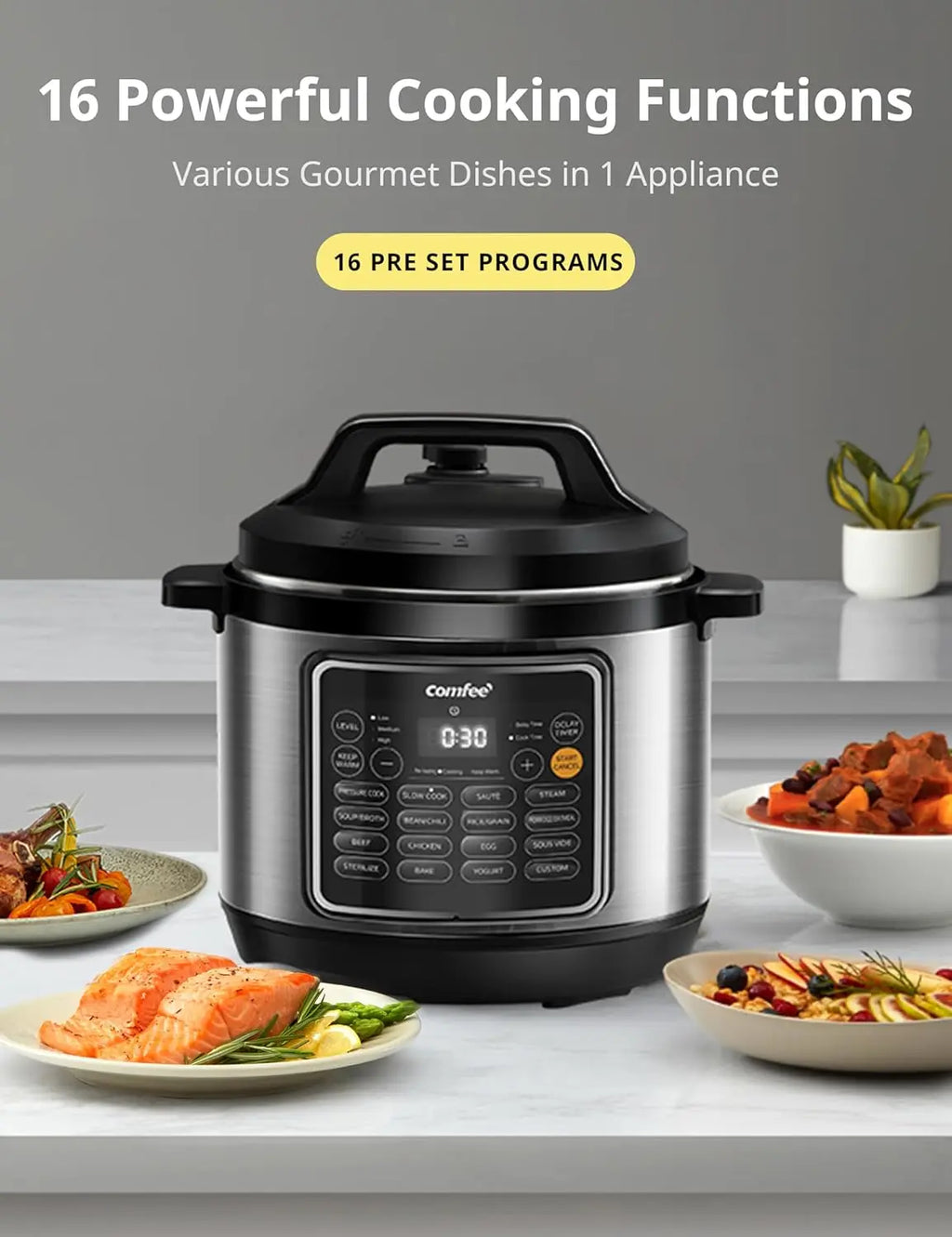 8-Quart Multi-Function Pressure Cooker with Ceramic Pot, 16 Presets for Healthy Meals