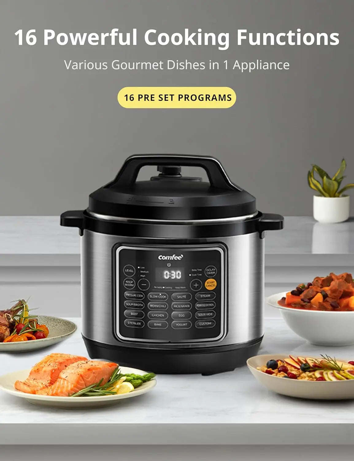 8-Quart Multi-Function Pressure Cooker with Ceramic Pot, 16 Presets for Healthy Meals