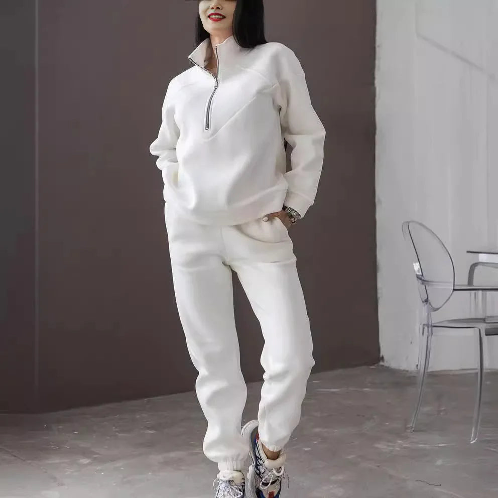 Sports Suit Zippered Solid Color Long-sleeved Winter Pullover Sweatshirt Set With Leggings Trousers Sets Womens Two Piece Outfit
