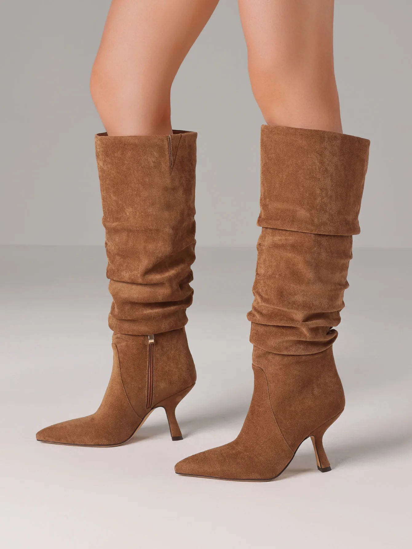 Women's Slouchy Knee High Boots Pointed Toe Stiletto High Heels Wrinkled Pleated Side Zipper Pull On Party Dress Sexy Fall Boots