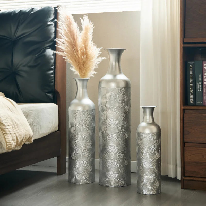 Large Size Modern Set Of 3 Silver Metal Floor Vases Tall Cylinder Wave Pattern Home Decor For Living Room Shipping From The USA