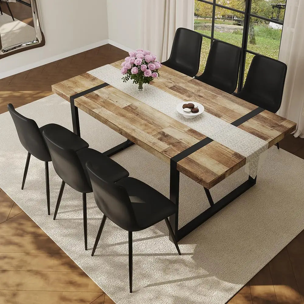 Wood Dining Table Set for 6, 71" Large Rectangular Kitchen & Dining Room Table with 6 Suede Upholstered Chairs,, Customized