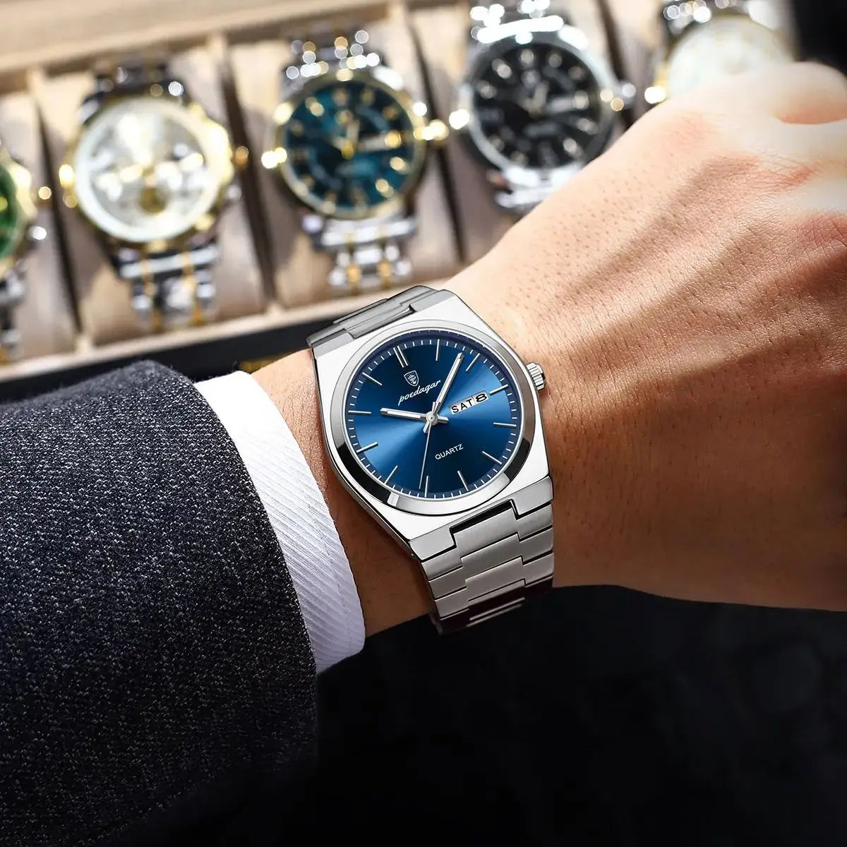 POEDAGAR Luxury Wristwatch For Men Stainless Steel Waterproof Luminous Man Watch Date Week Quartz Fashion Business Men's Watches