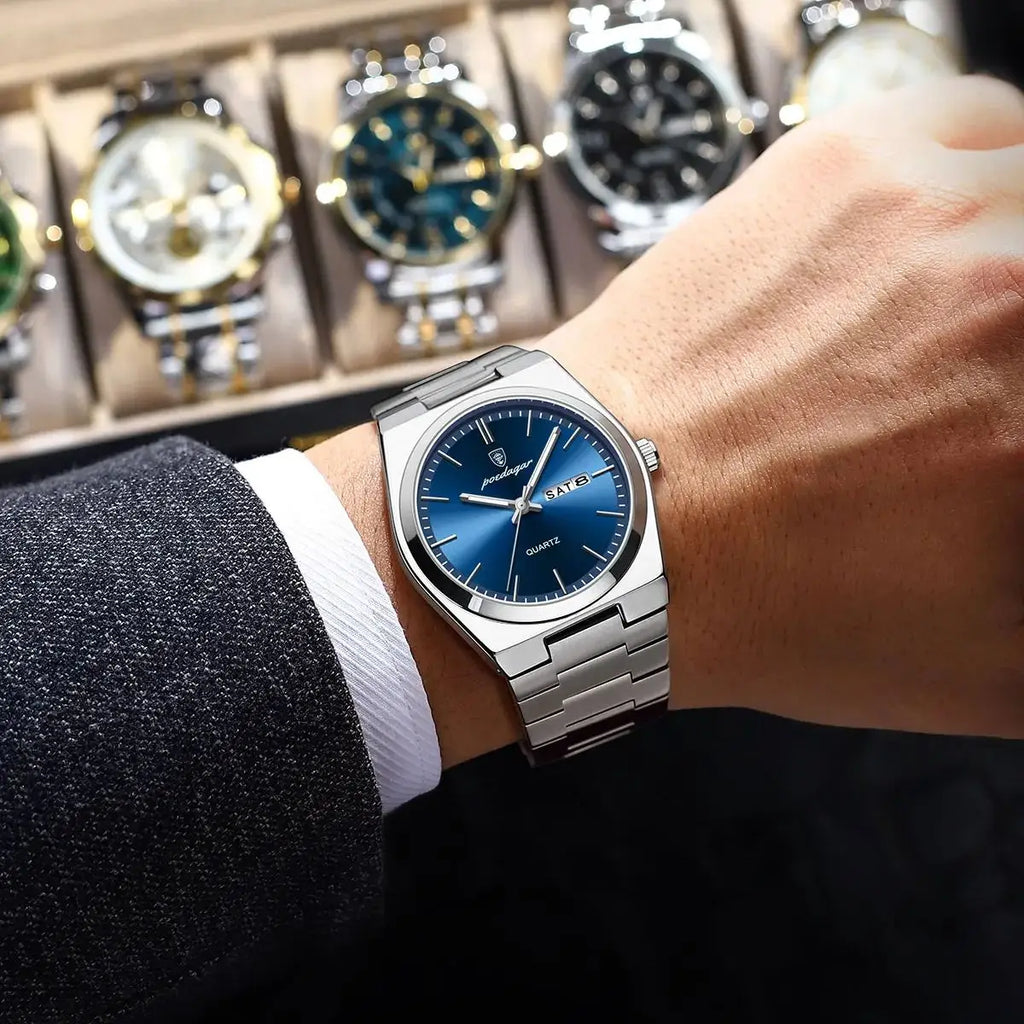 POEDAGAR Luxury Business Watches For Men Stainless Steel Waterproof Luminous Man Watch Date Week Quartz Fashion Men's Wristwatch
