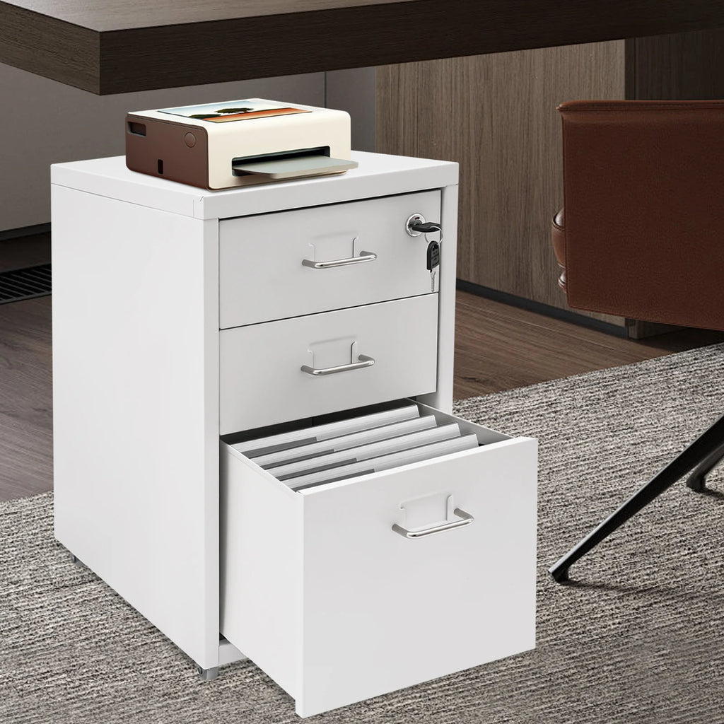 3 Tiers Rectangular Steel Vertical File Cabinet,Pink/White/Black Metal Mobile File Cabinet with Lock for Office,Study