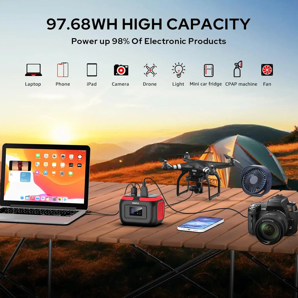 97.68Wh Portable Power Station with AC/DC/USB Outputs, Solar Charging for Camping and Emergency Backup