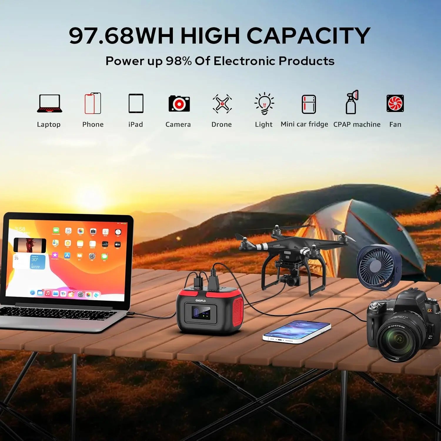 97.68Wh Portable Power Station with AC/DC/USB Outputs, Solar Charging for Camping and Emergency Backup