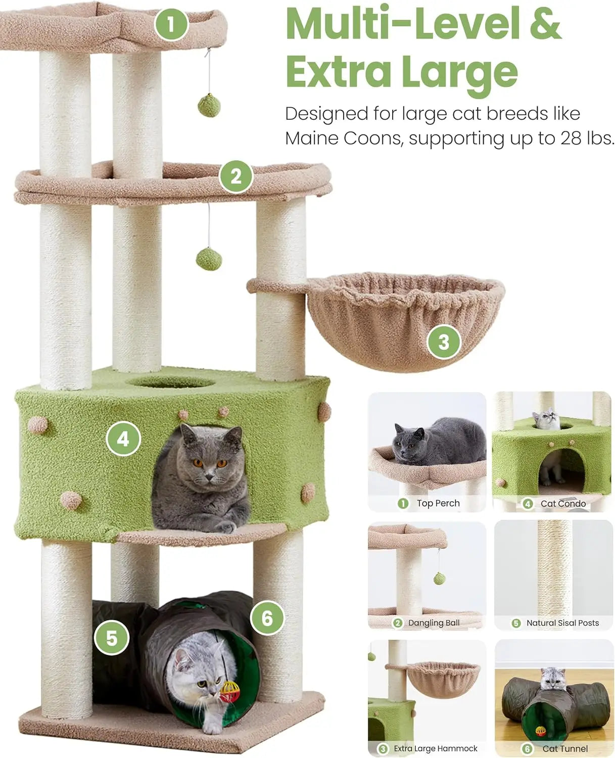 Extra Large Cat Tree Tower for Indoor Cats - Multi-Level Scratching Post with Hammock & Tunnel, 60 Inch XL Feline Bed
