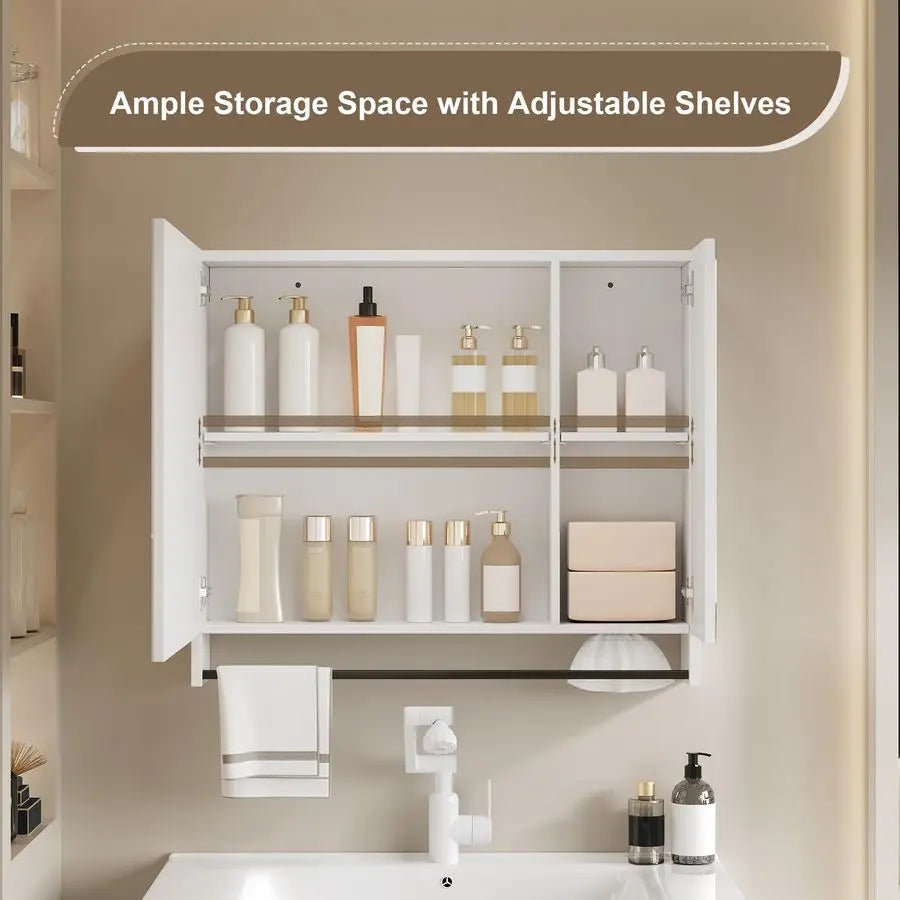 Bathroom Medicine Cabinet with Mirror, Modern Mirror Cabinet with LED Lights, Bathroom Wall Cabinet with Adjustable Shleves, Tow