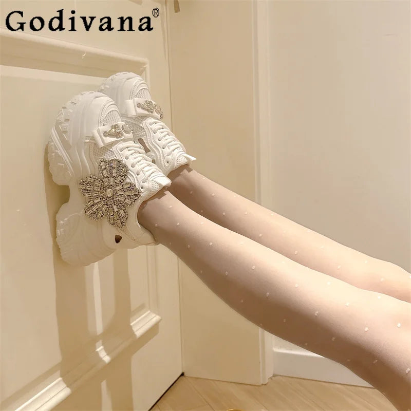 Thick Soled Mesh Rhinestone Chunky Sneakers for Women New Lace Up Height Increasing Shoes Female Japanese Style Casual Sneakers