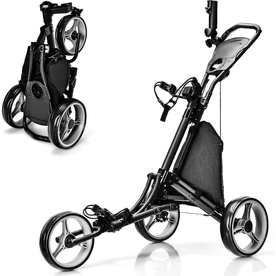 3 Wheel Golf Push Cart with Aluminum Frame for Easy Transport and Storage Features Elastic Strap Umbrella Holder Cup Holder Sco