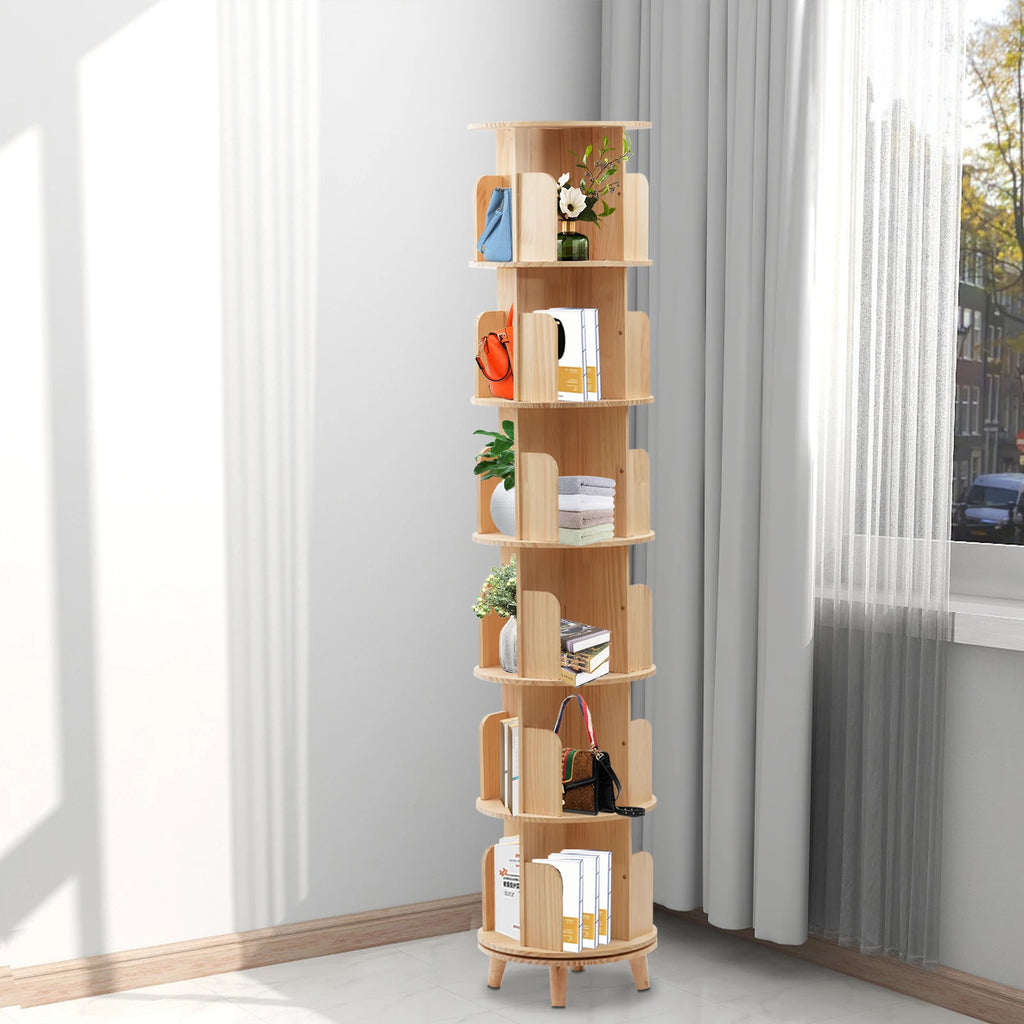 Rotating Bookshelf 6 Tiers Pine Wood 110lbs Load per Layer 0.47in Thick Panels Curved Baffle Reinforced Chassis for Kids Room