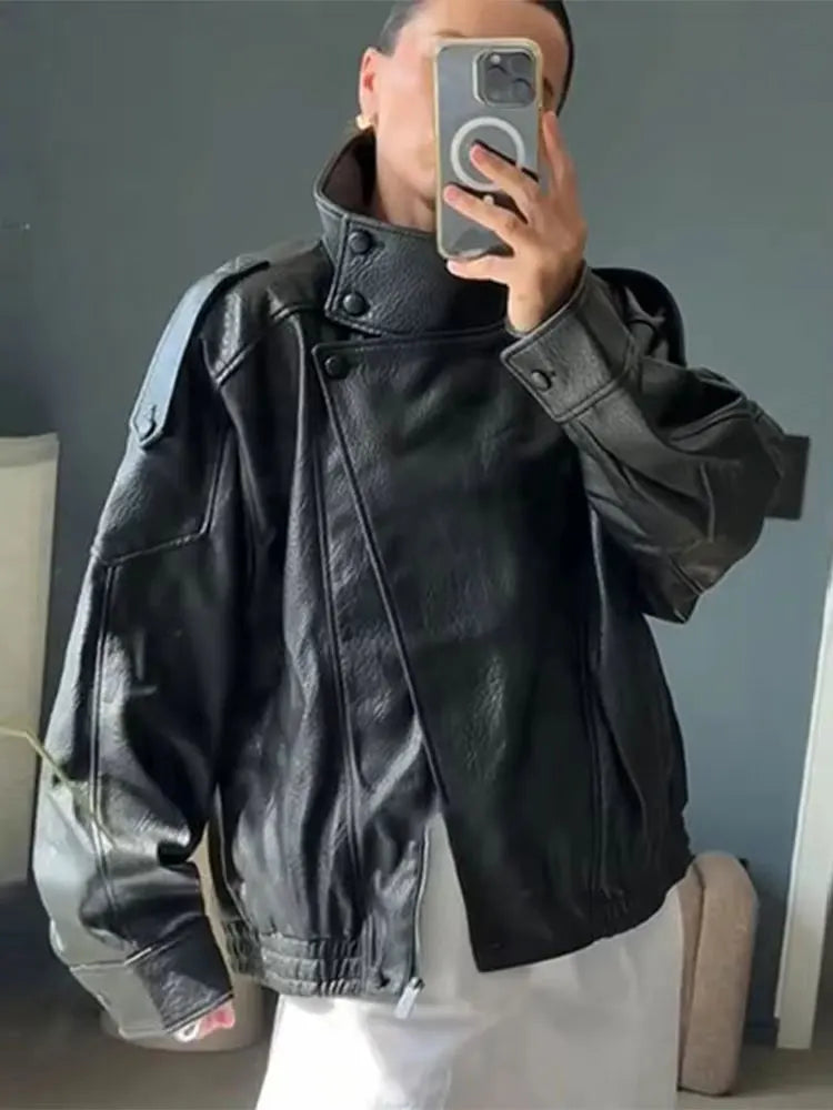Autumn Faux Leather Jacket For Women Casual Solid Long Sleeve Zipper Pu Leather Coats New Fashion Female Streetwear