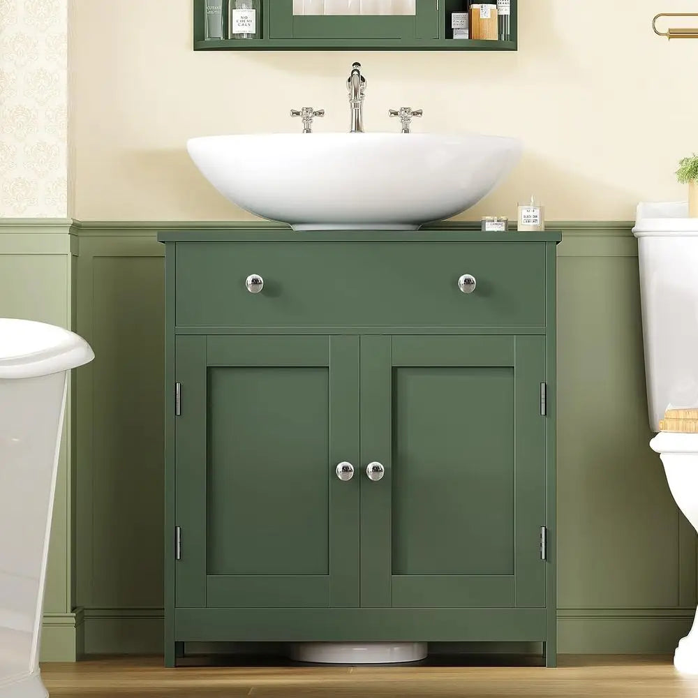 Green U-Shape Cut-Out 2-Door 1-Drawer Pedestal Bathroom Sink Storage Cabinet