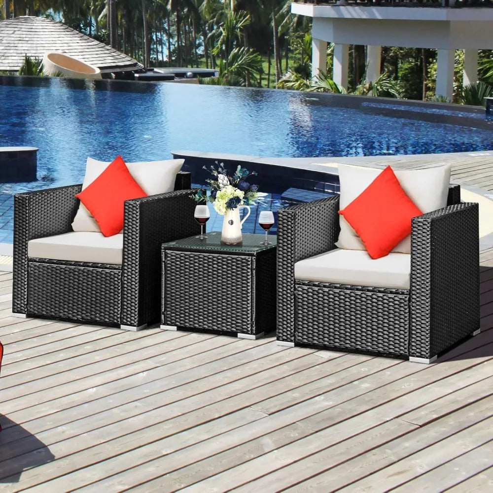 COSTWAY 3-Piece Outdoor Patio Furniture Set, Cushioned Armchairs and Tempered Glass Coffee Table, Wicker Rattan Sofa Set for Gar