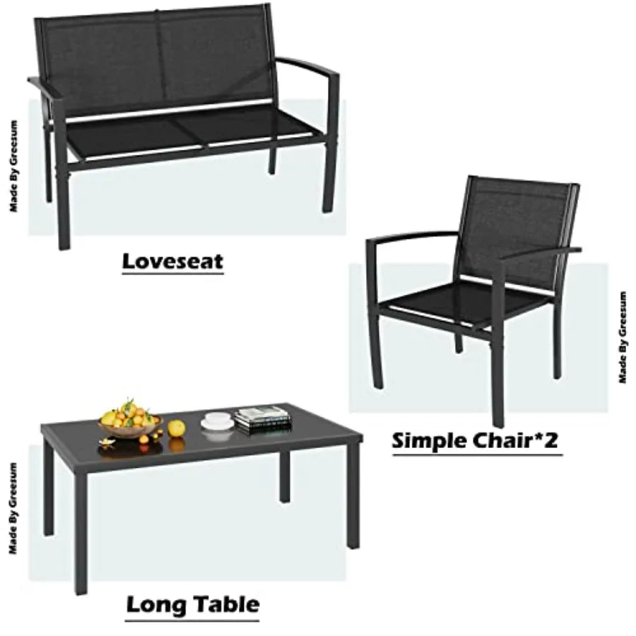 Greesum 4 Pieces Patio Furniture Set Outdoor Conversation Sets for Patio Lawn Garden Poolside with A Glass Coffee Table Black