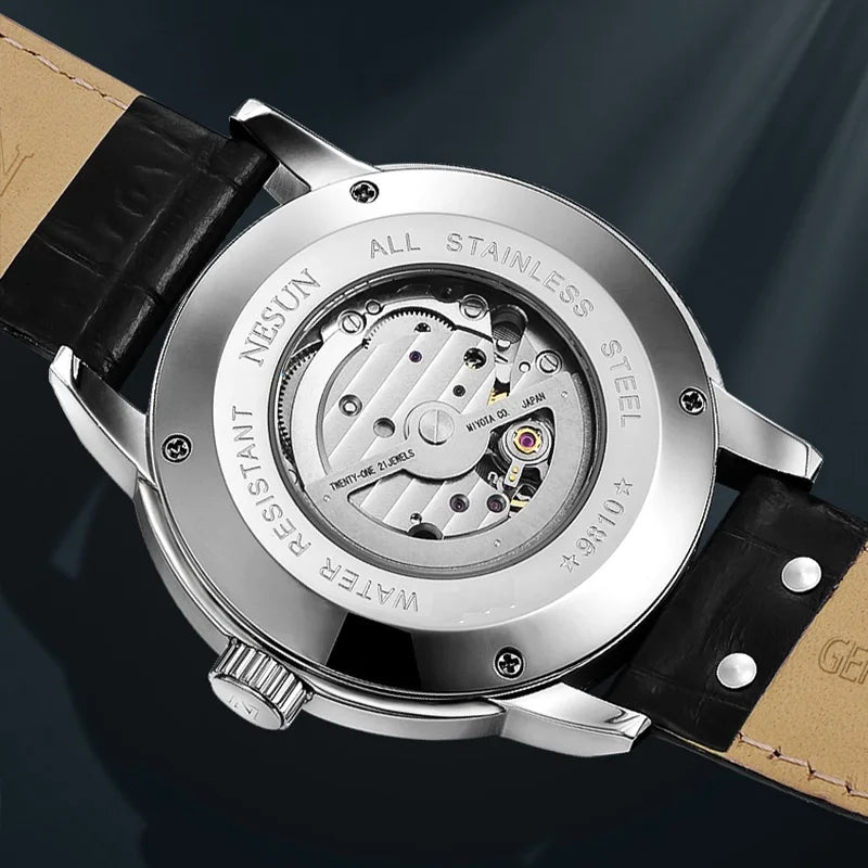 NESUN automatic mechanical watch, stainless steel case luminous classic men's wristwatch, large dial mechanical watch