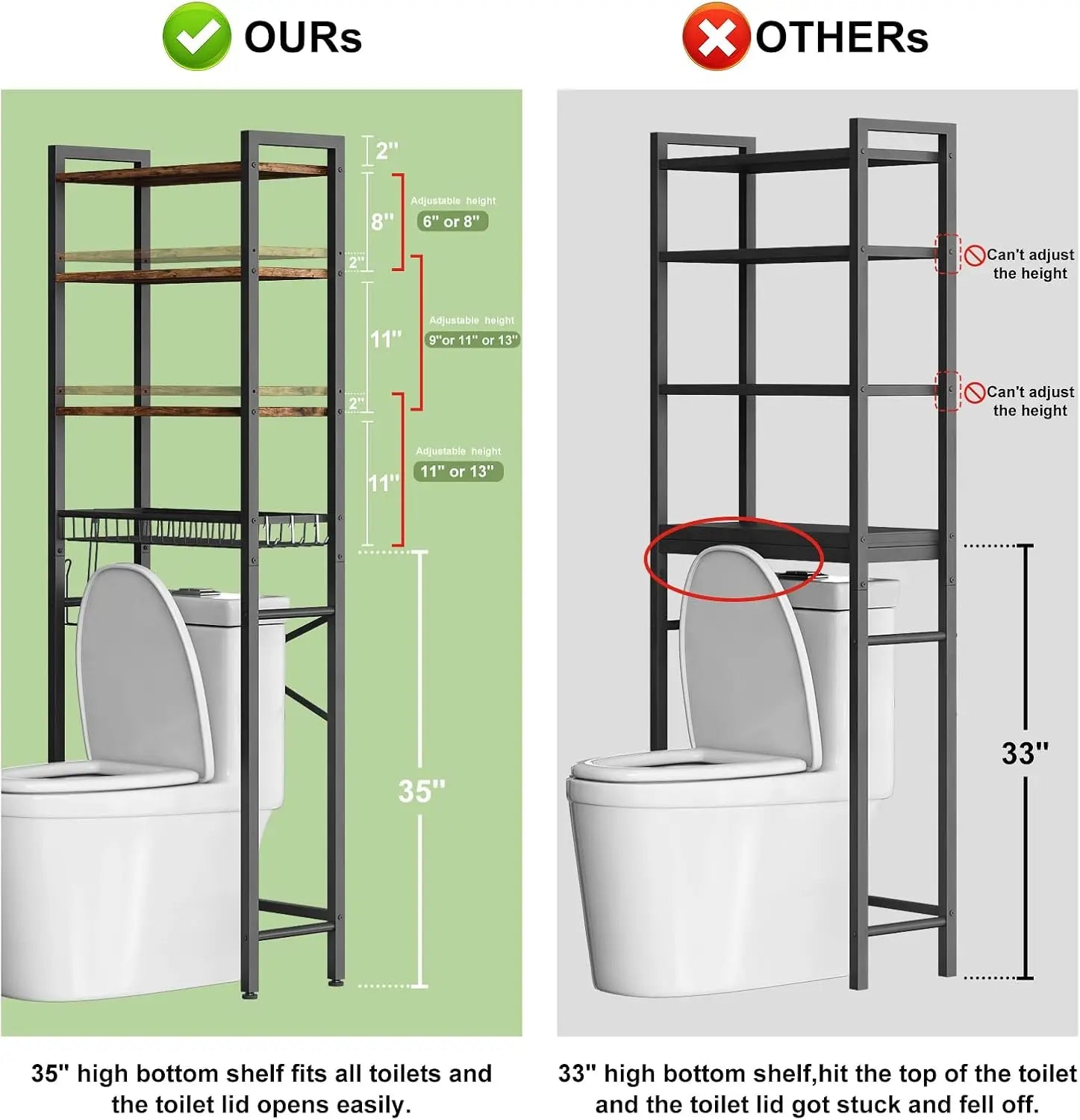 Vintage Brown Over-The-Toilet Storage Rack, 4-Tier Adjustable Shelf with Basket, Freestanding Bathroom Organizer