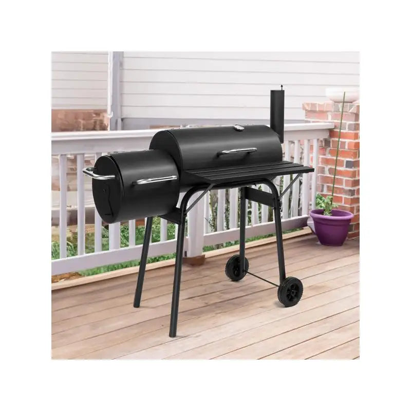 Charcoal Barrel Grill with Offset Smoker, All-Metal Outdoor BBQ with Side Table & Wheels for Garden, Patio, & Backyard