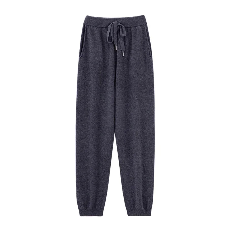 2024 Autumn And Winter New 100% Pure Wool Flat Small Foot Pants Women Loose High Waist Lean Knitted Cashmere Bunched Foot Pants