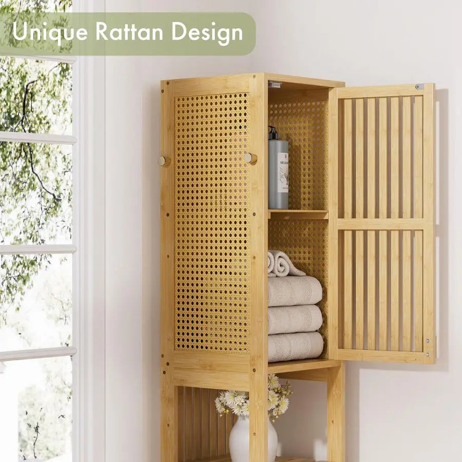 70 Tall Bathroom Storage Cabinet Bamboo, Slim Storage Cabinet with Rattan Door and Adjustable Shelves, Narrow Freestanding Organ
