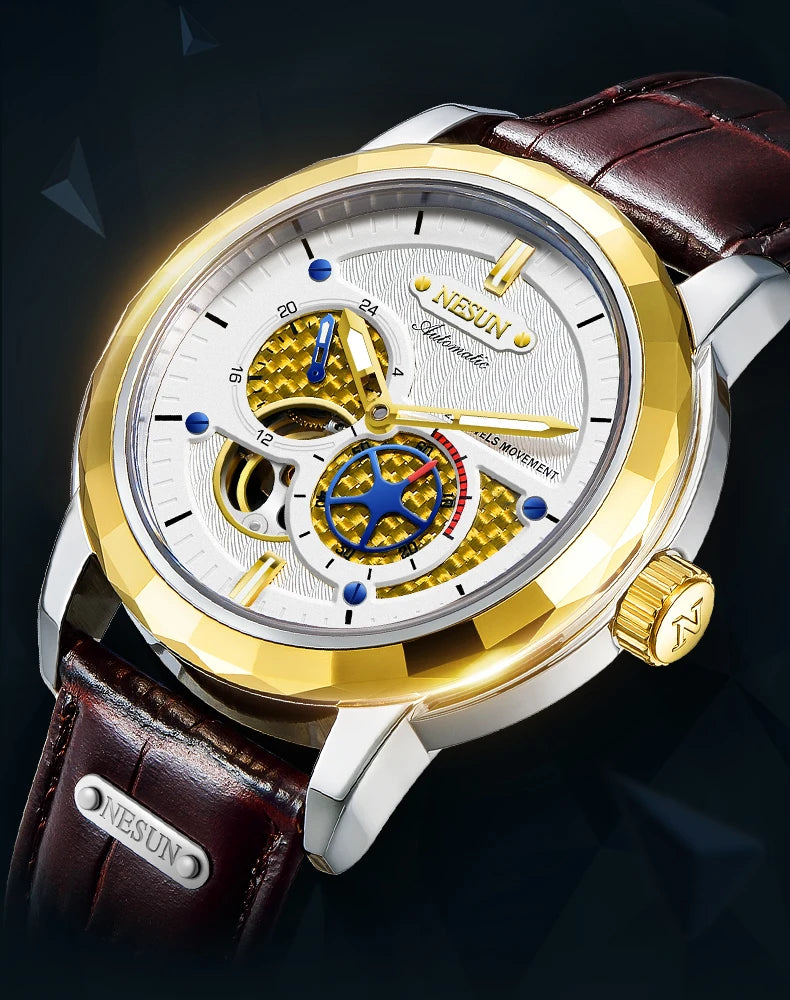 NESUN automatic mechanical watch, stainless steel case luminous classic men's wristwatch, large dial mechanical watch
