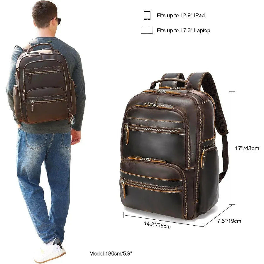 LANNSYNE Vintage Mens Full Grain Leather Backpack Fits 17.3 Inch Laptop Large Casual Rucksack Shoulder Bag For Travel/Camping/H