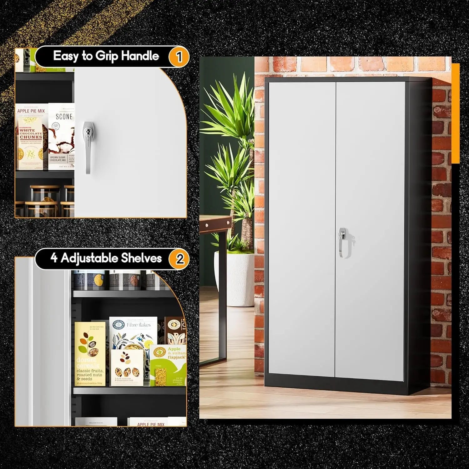 Metal Storage Cabinet, Garage Steel Locking Cabinets with Doors and 4 Adjustable Shelves, TallLockableFileToolCabinetsBlack-Grey