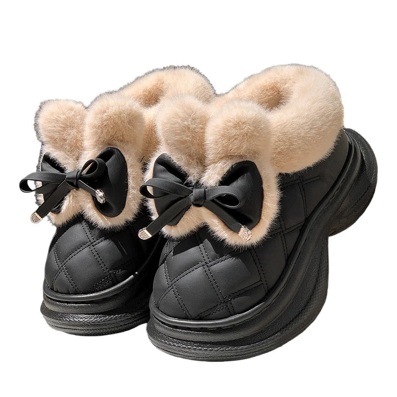 Sweet Bowknot Furry Indoor Slippers Women 2025 Winter Soft Thick Bottom Fluffy Fur Home Slippers Warm Plush Platform Slides
